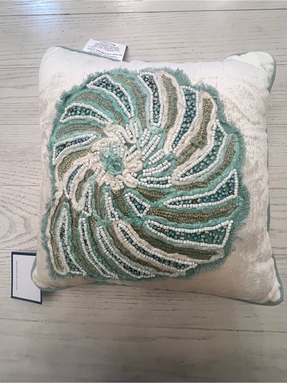 Coastal Collection Beaded Nautilus Shell Decorative  12” Pillow -  NWT!